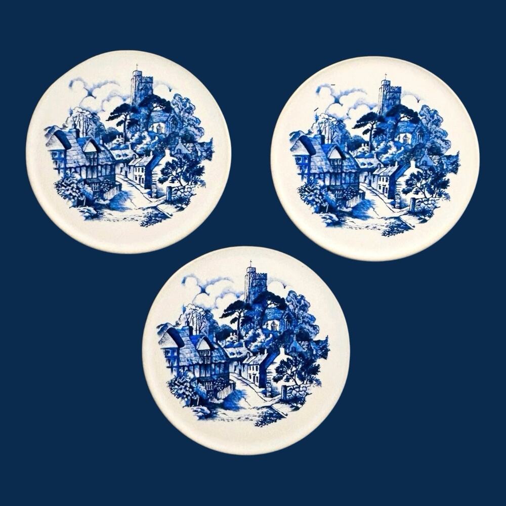 Vintage HR Johnson Tiles 3 Round Delft Blue White Village Scene England 3.5 Inch
